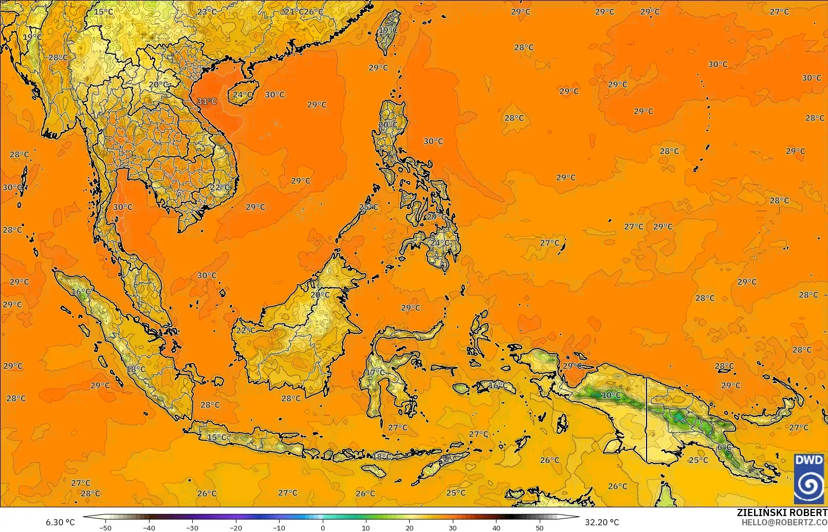 ICON modelo - Sudeste Asiático, Temperatura a 2 m