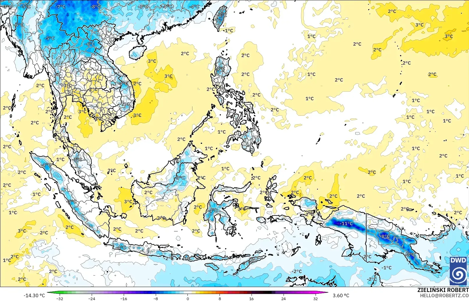 ICON modelo - Sudeste Asiático, Anomalía de temperatura a 850 hPa