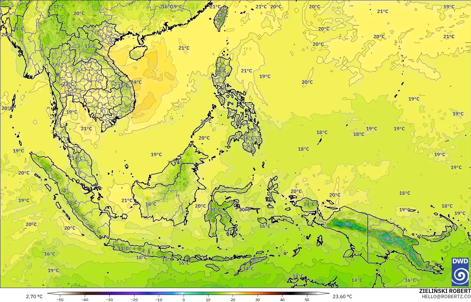 ICON modelo - Sudeste Asiático, Temperatura a 850 hPa