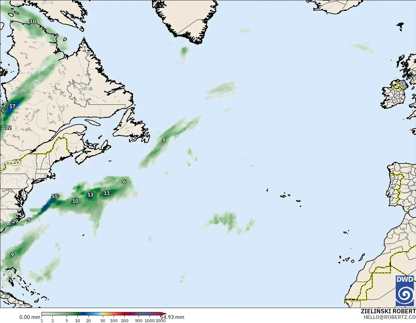 ICON modelo - Norte Atlántico, Acumulación de precipitación
