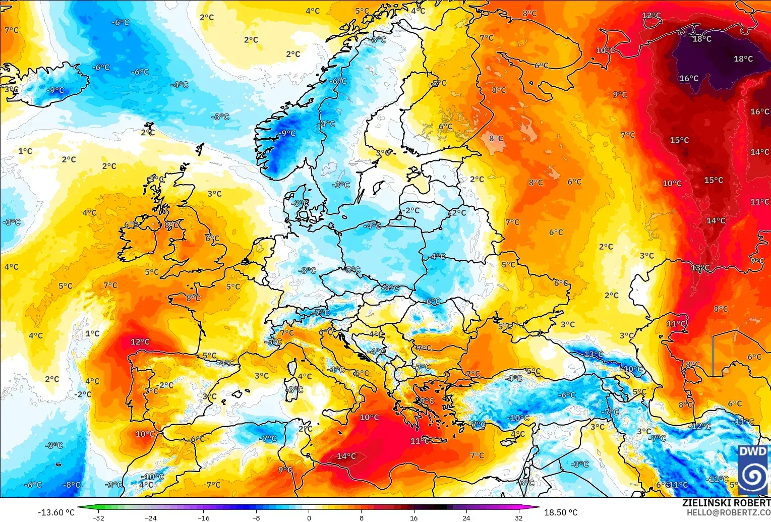 ICON modelo - Europa, Anomalía de temperatura a 850 hPa