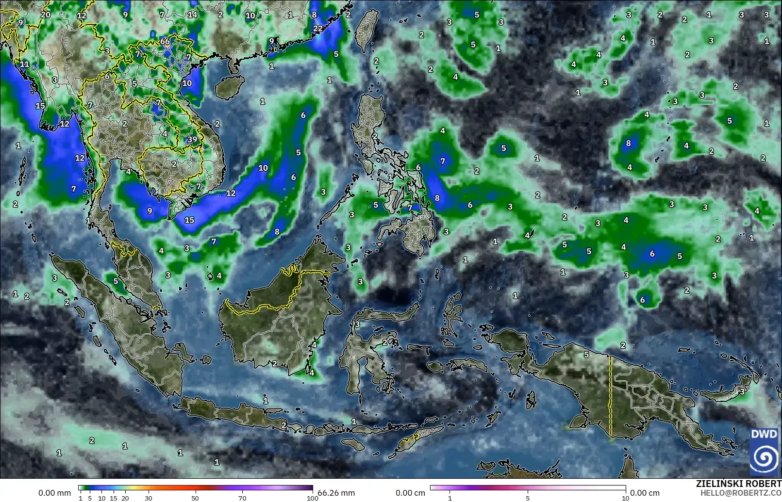 ICON modelo - Sudeste Asiático, Precipitación, nubes y presión