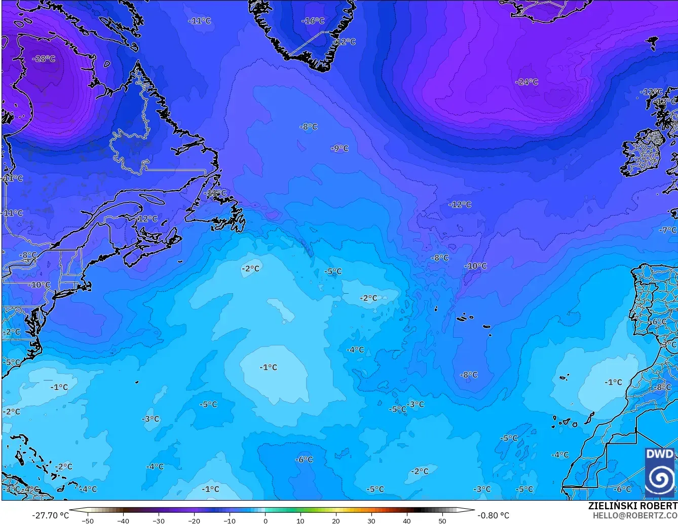 ICON modelo - Norte Atlántico, Temperatura a 500 hPa