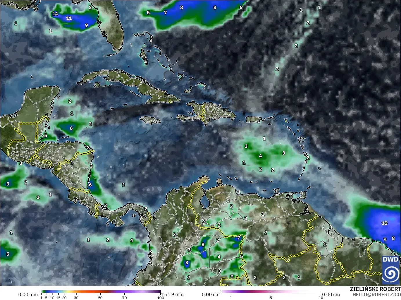 ICON modelo - Caribe, Precipitación, nubes y presión