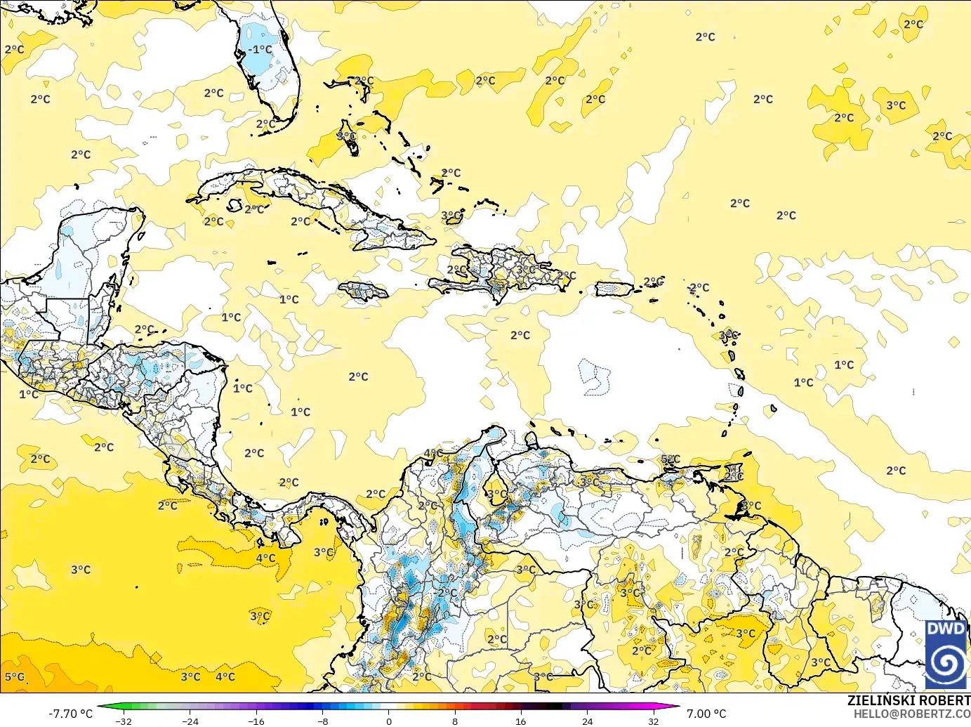 ICON modelo - Caribe, Anomalía de temperatura a 2 m