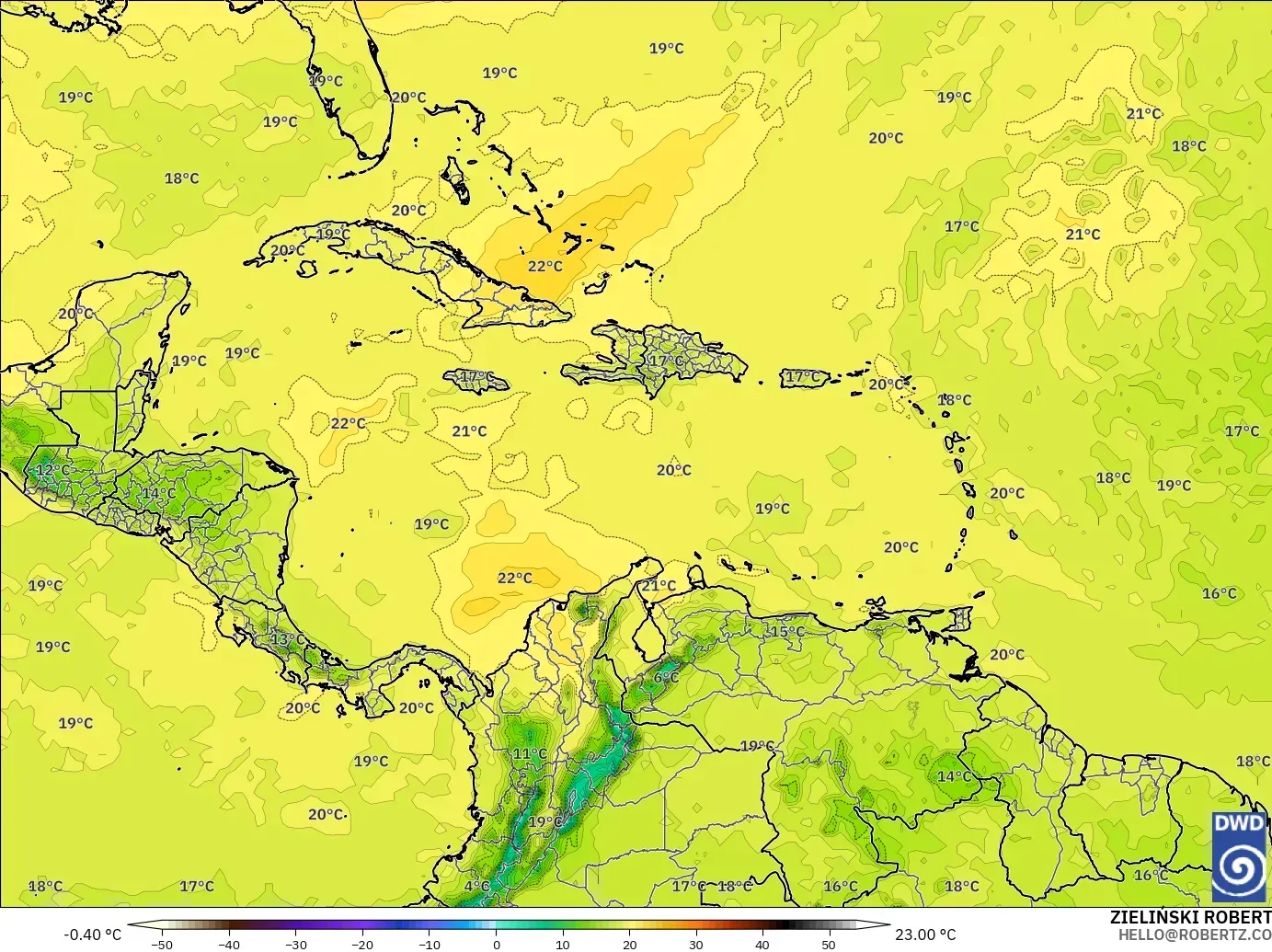 ICON modelo - Caribe, Temperatura a 850 hPa