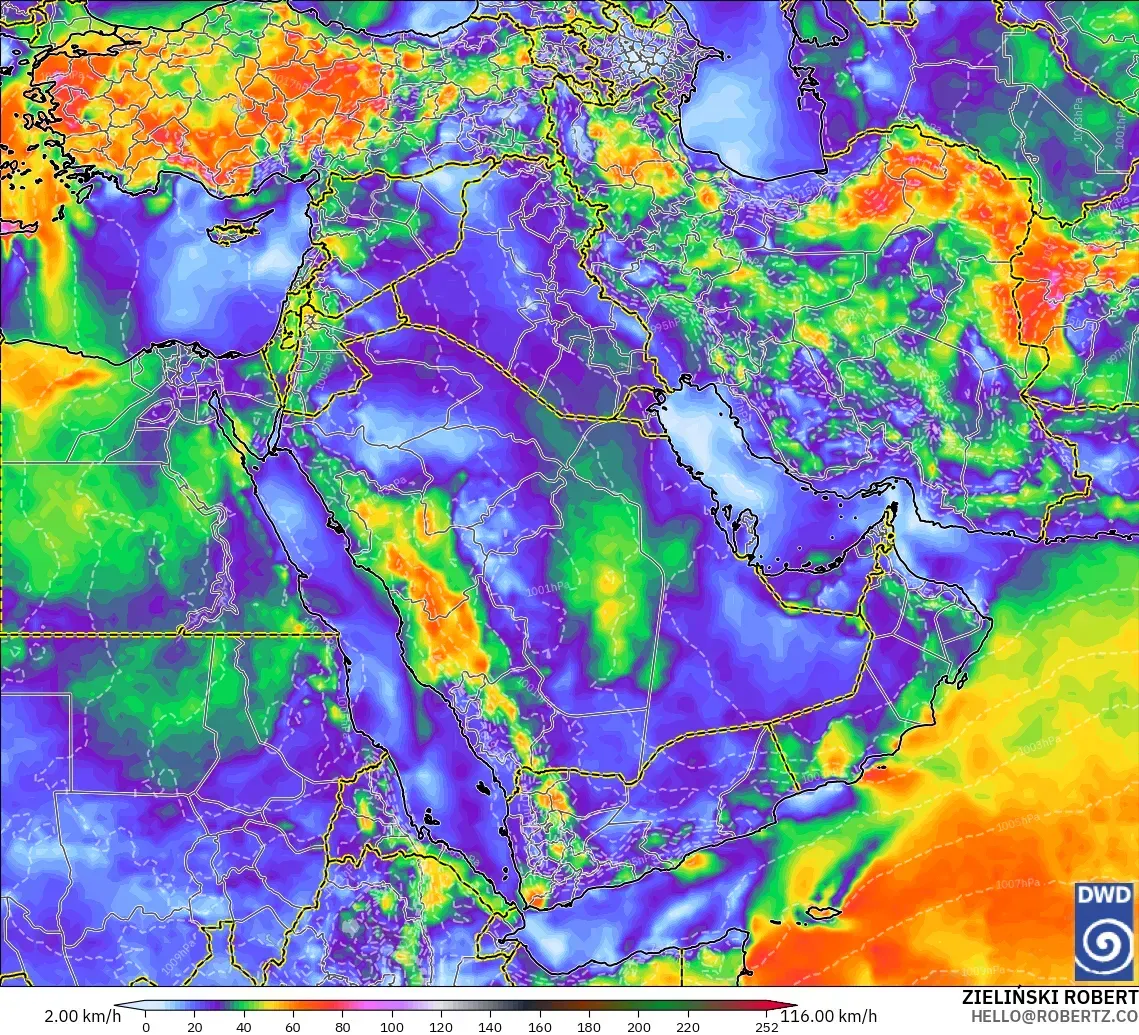 ICON modelo - Oriente Medio, Ráfagas de Viento Máximas