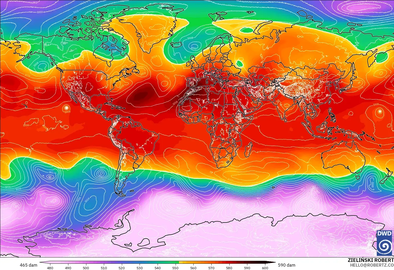 ICON modelo - Mundo, Altura geopotencial a 500 hPa