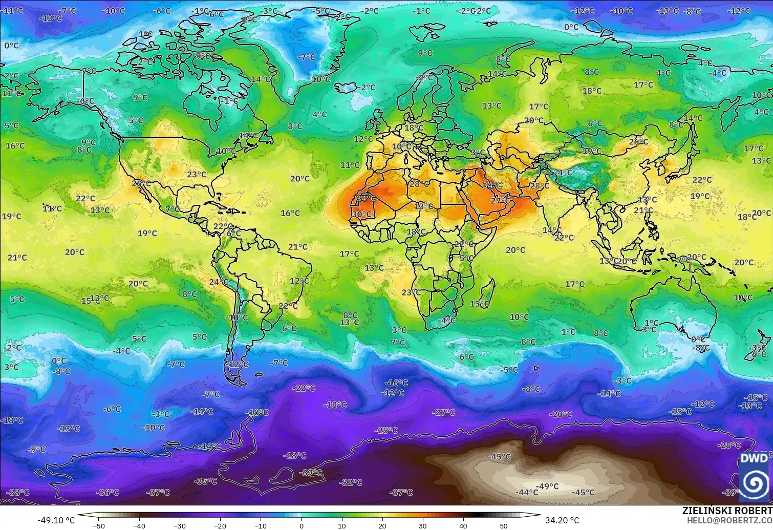 ICON modelo - Mundo, Temperatura a 850 hPa