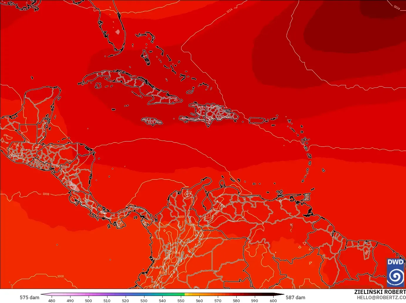 ICON modelo - Caribe, Altura geopotencial a 500 hPa