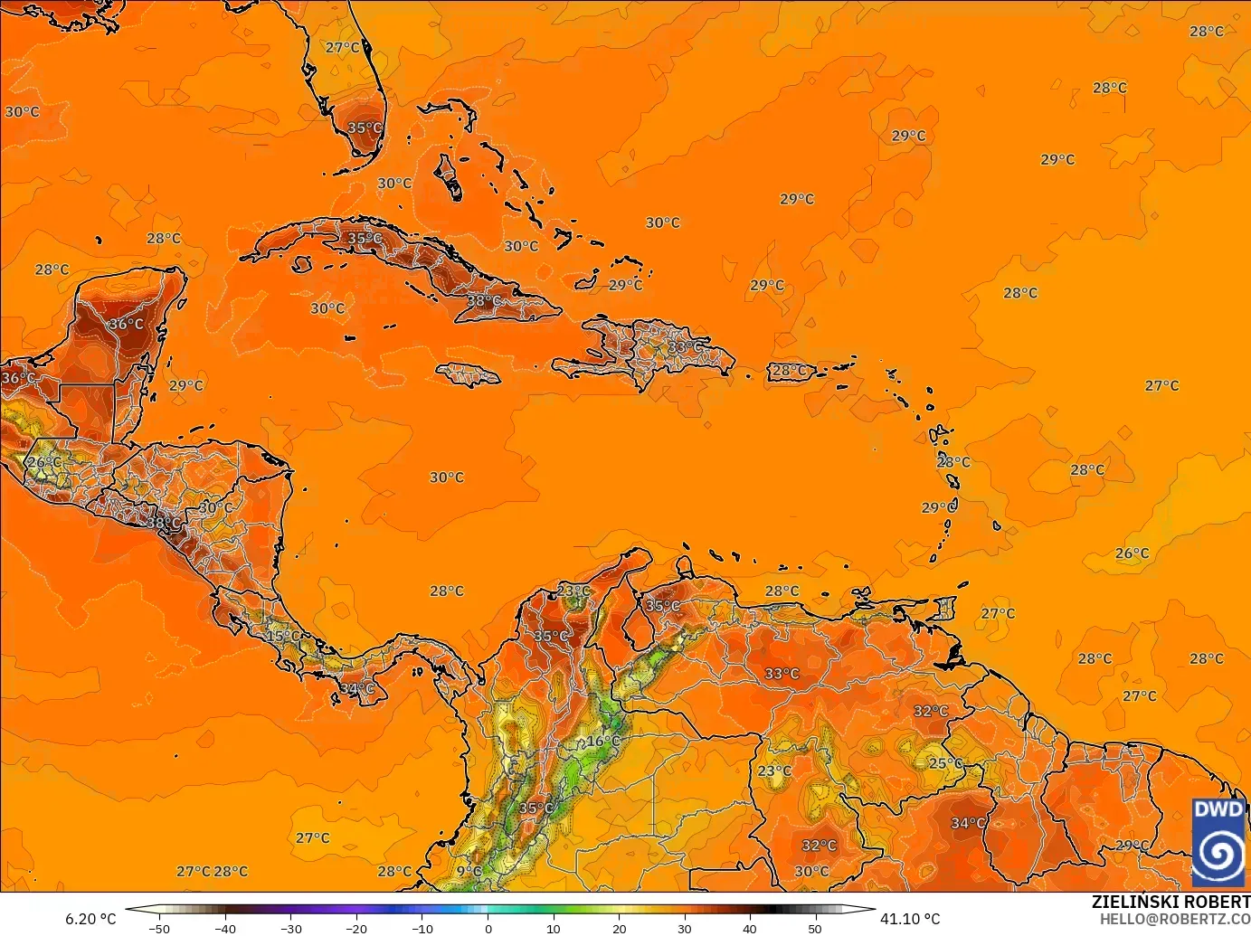 ICON modelo - Caribe, Temperatura a 2 m