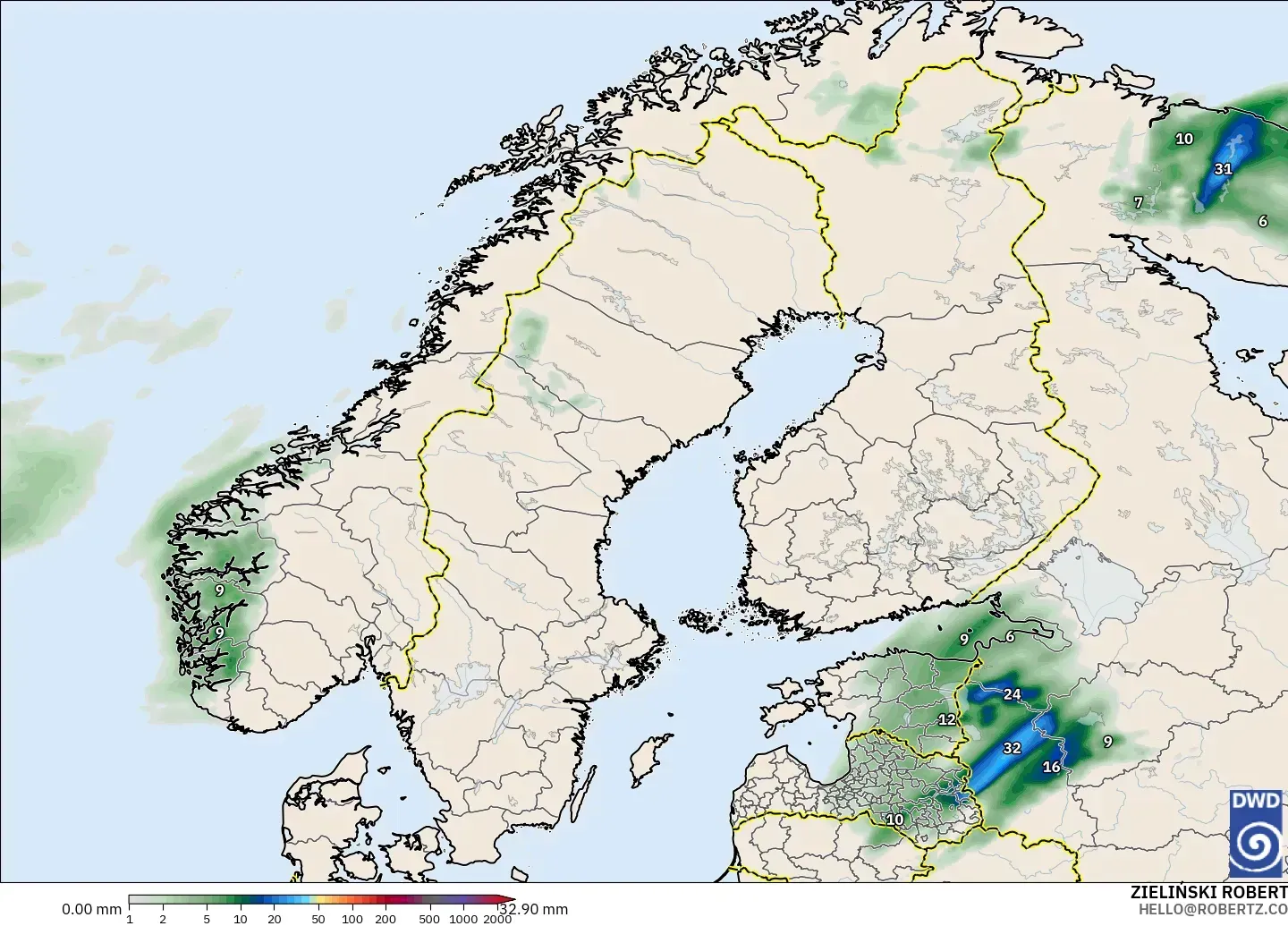 ICON modelo - Escandinavia, Acumulación de precipitación