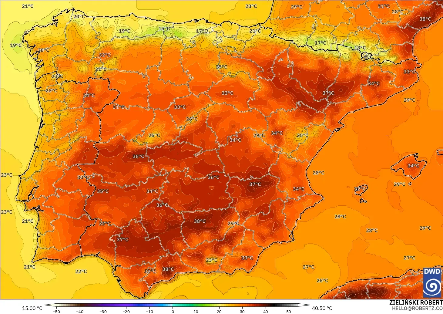 ICON modelo - España, Temperatura a 2 m
