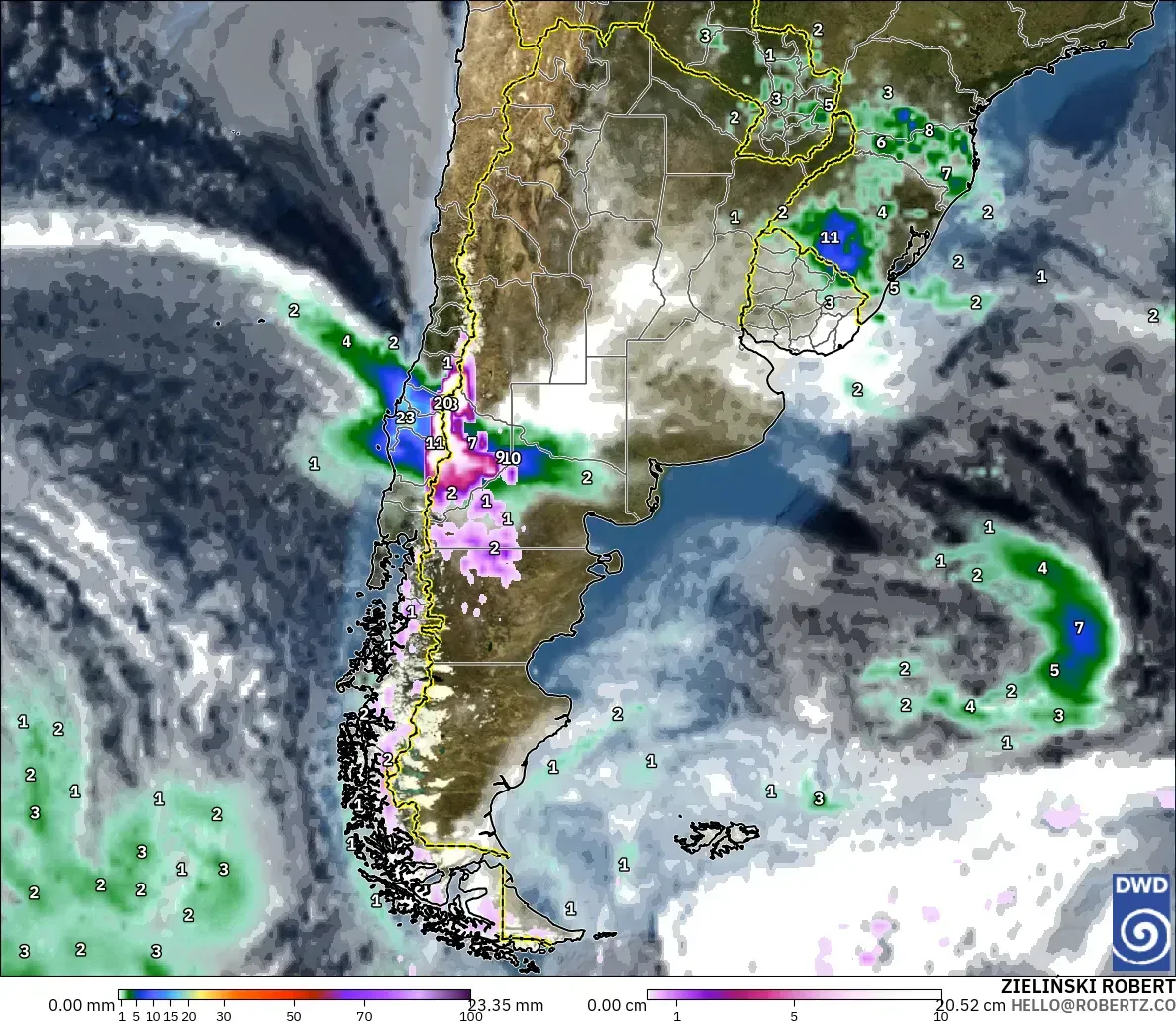 ICON modelo - Argentina, Precipitación, nubes y presión