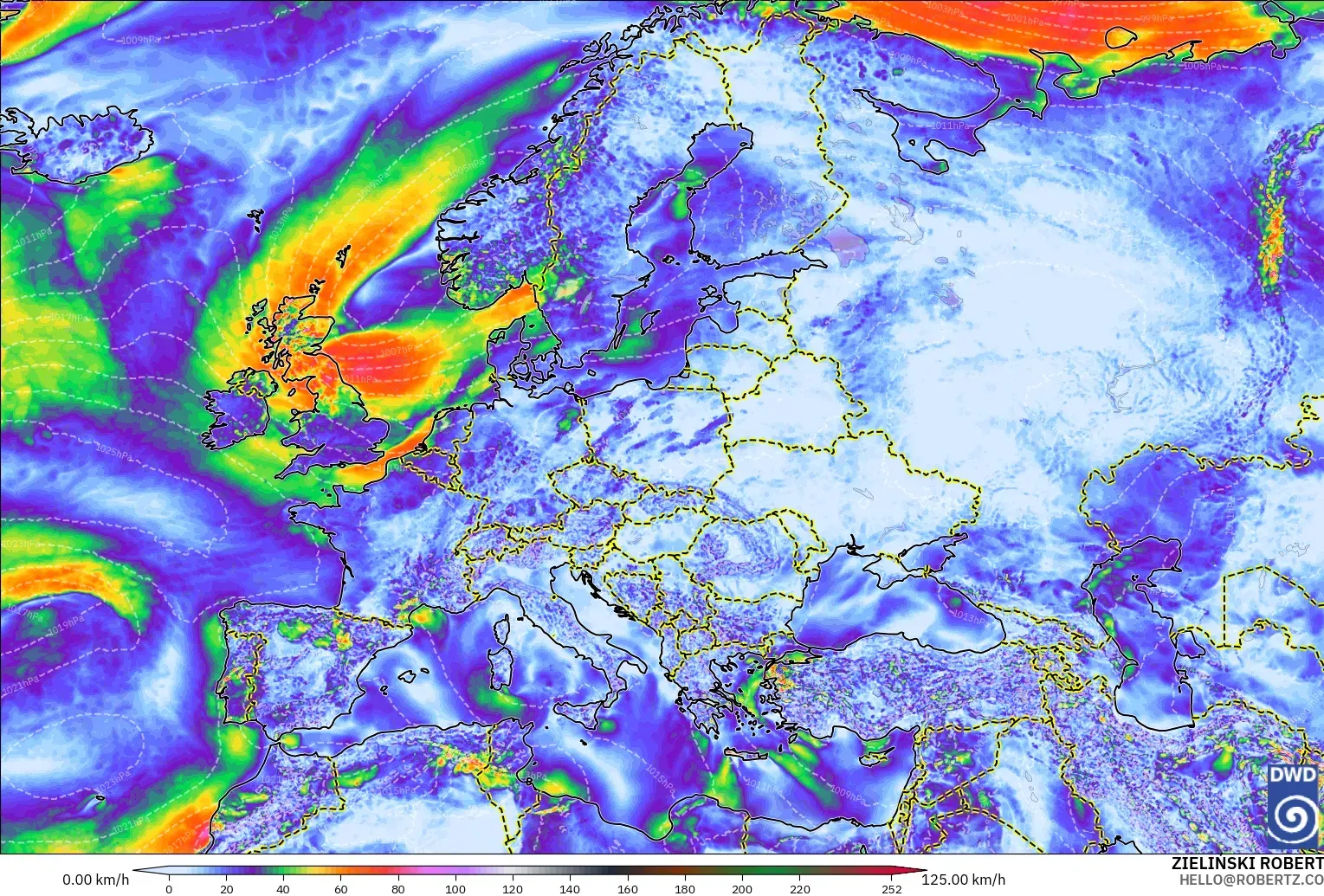 ICON modelo - Europa, Ráfagas de viento