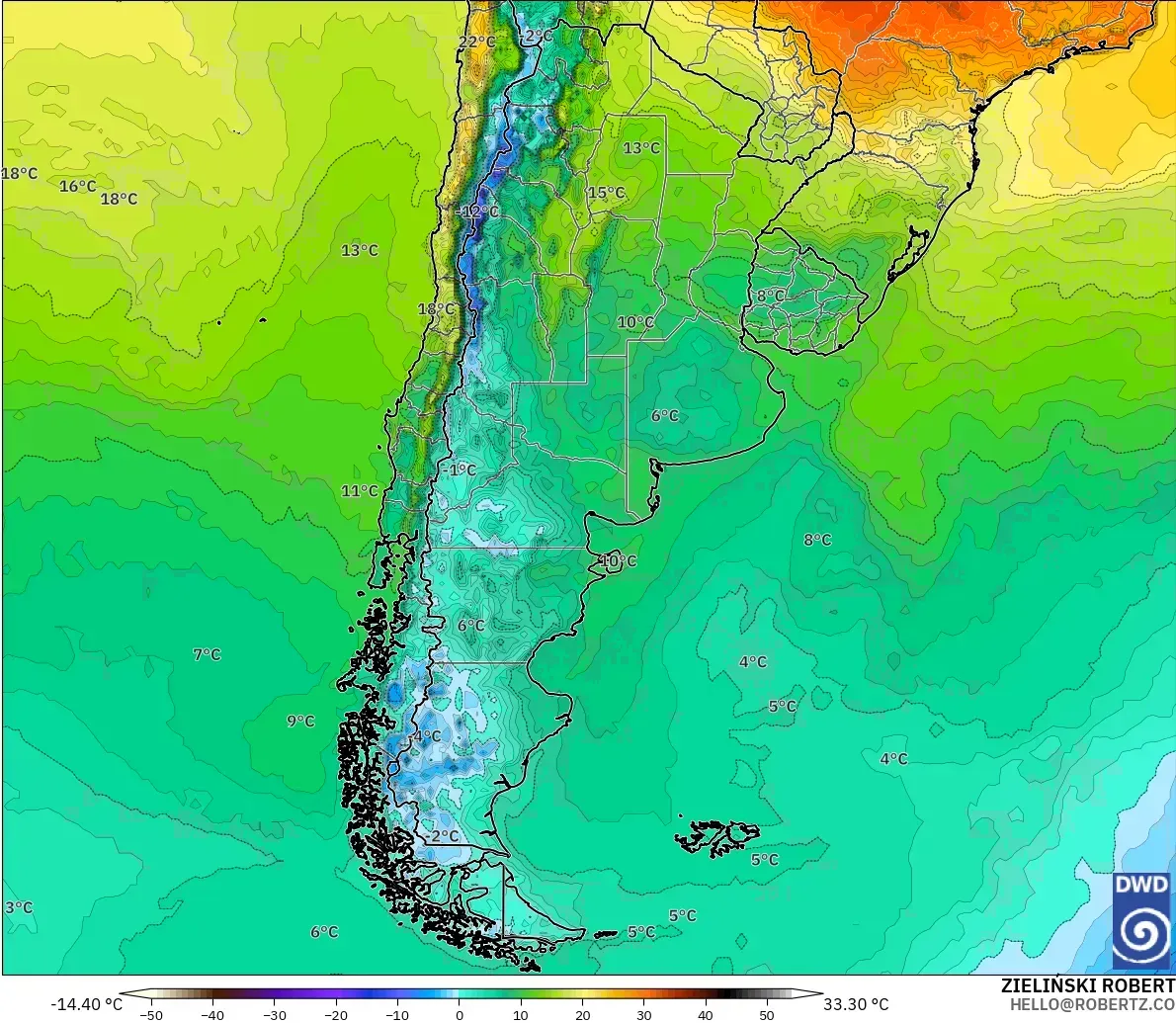 ICON modelo - Argentina, Temperatura a 2 m