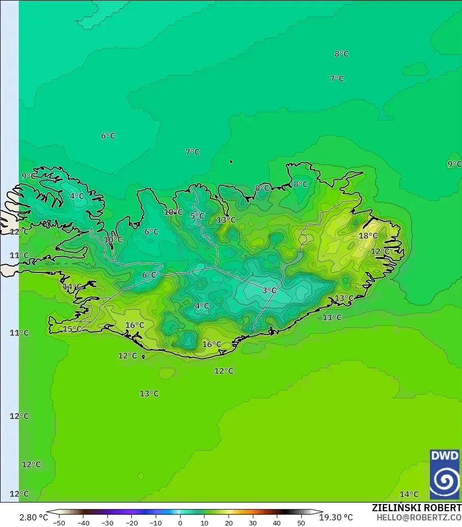 ICON modelo - Islandia, Temperatura a 2 m