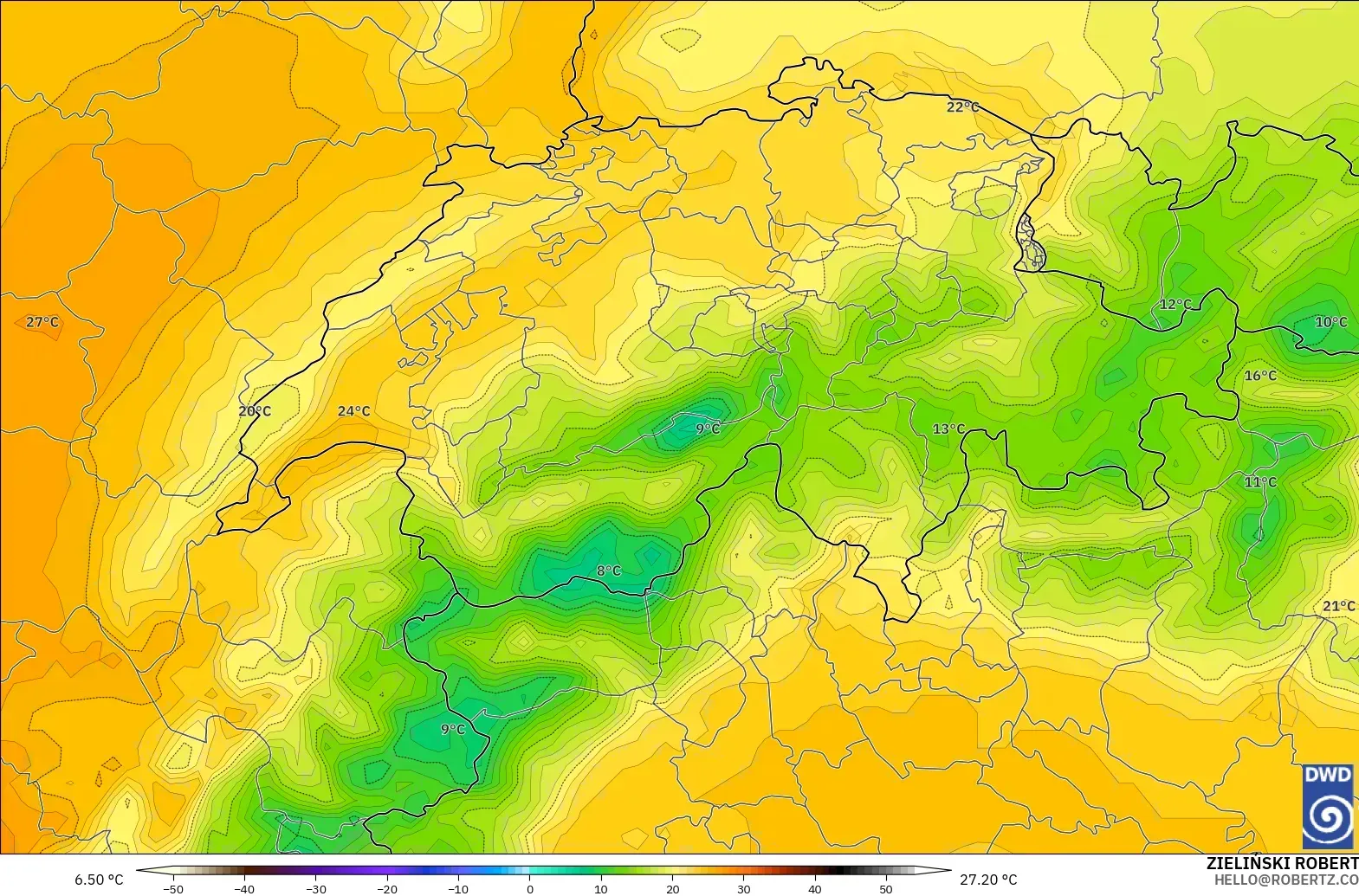 ICON modelo - Suiza, Temperatura a 850 hPa
