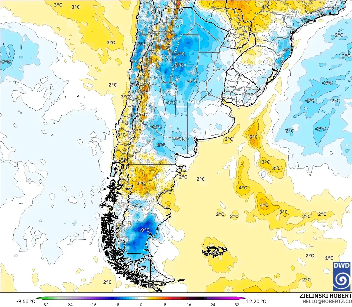ICON modelo - Argentina, Anomalía de temperatura a 2 m