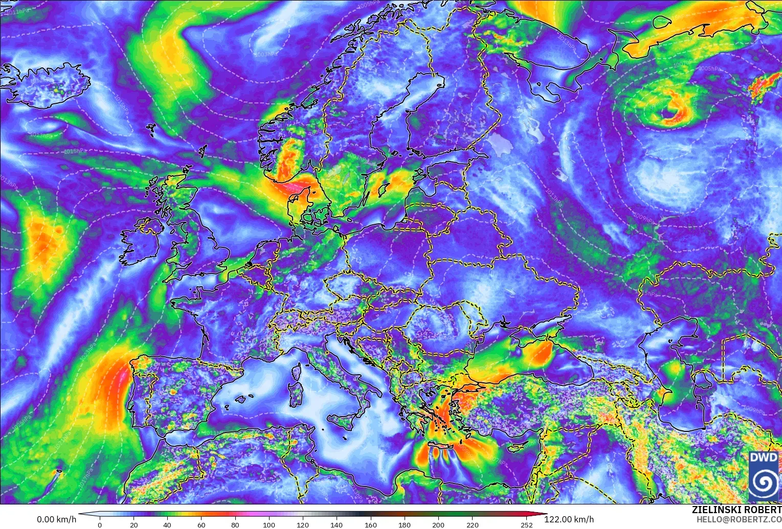 ICON modelo - Europa, Ráfagas de Viento Máximas