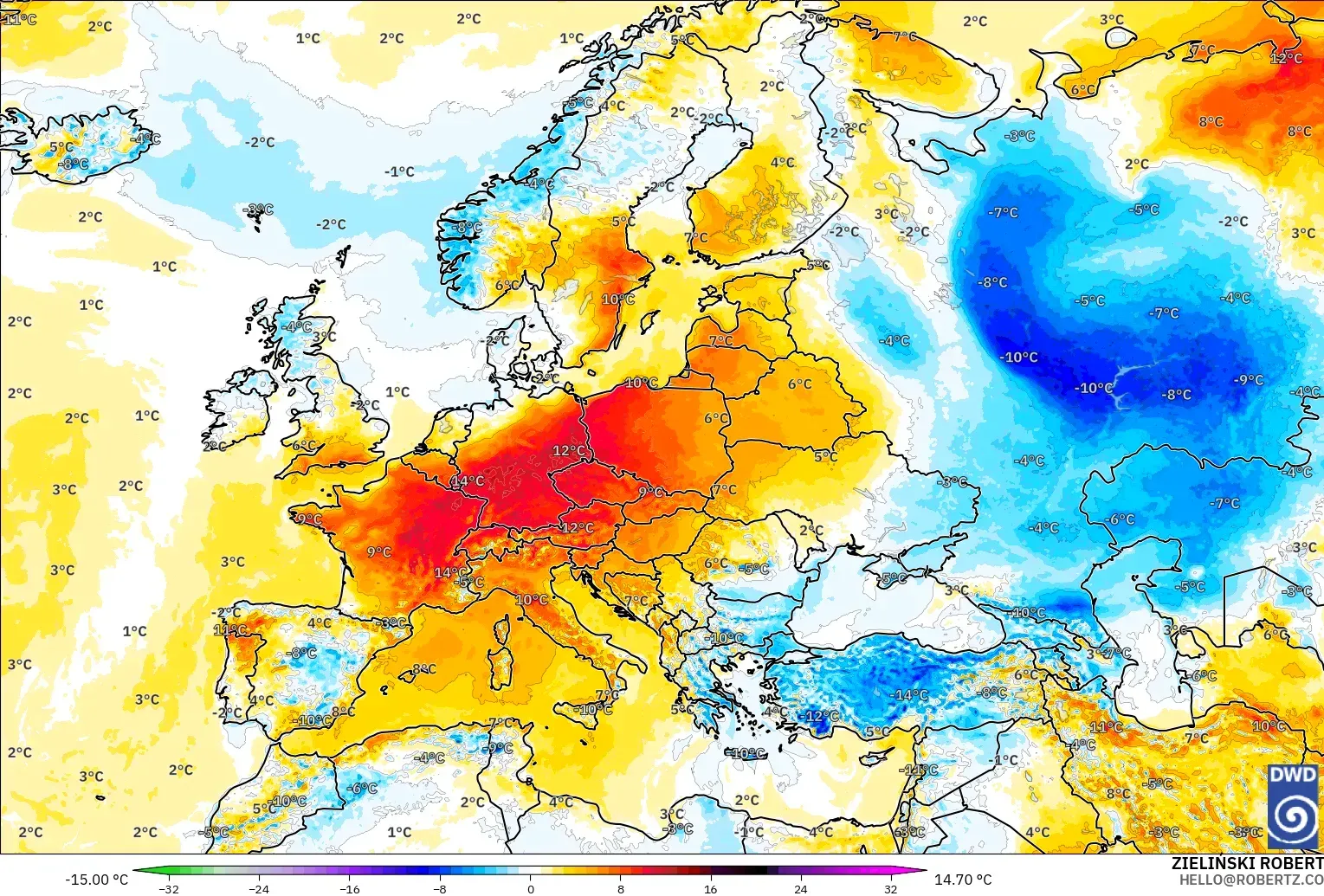 ICON modelo - Europa, Anomalía de temperatura a 2 m