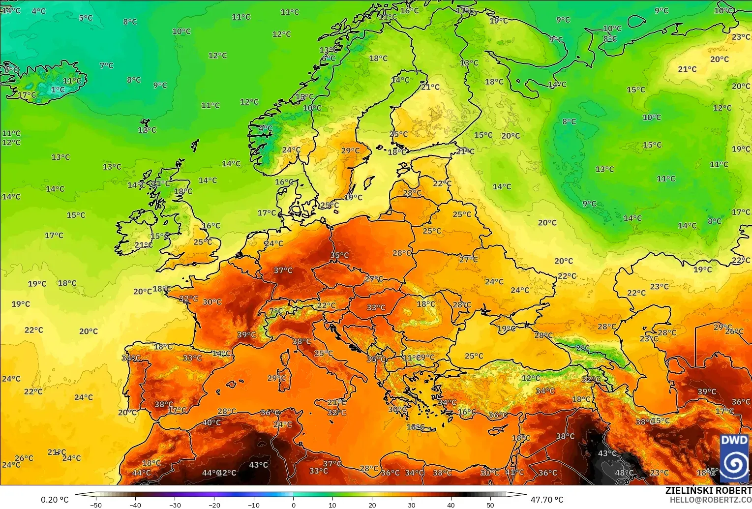 ICON modelo - Europa, Temperatura a 2 m
