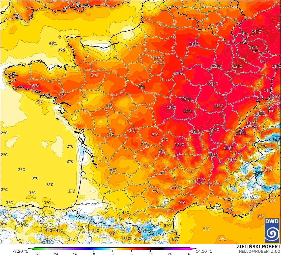 ICON modelo - Francia, Anomalía de temperatura a 2 m