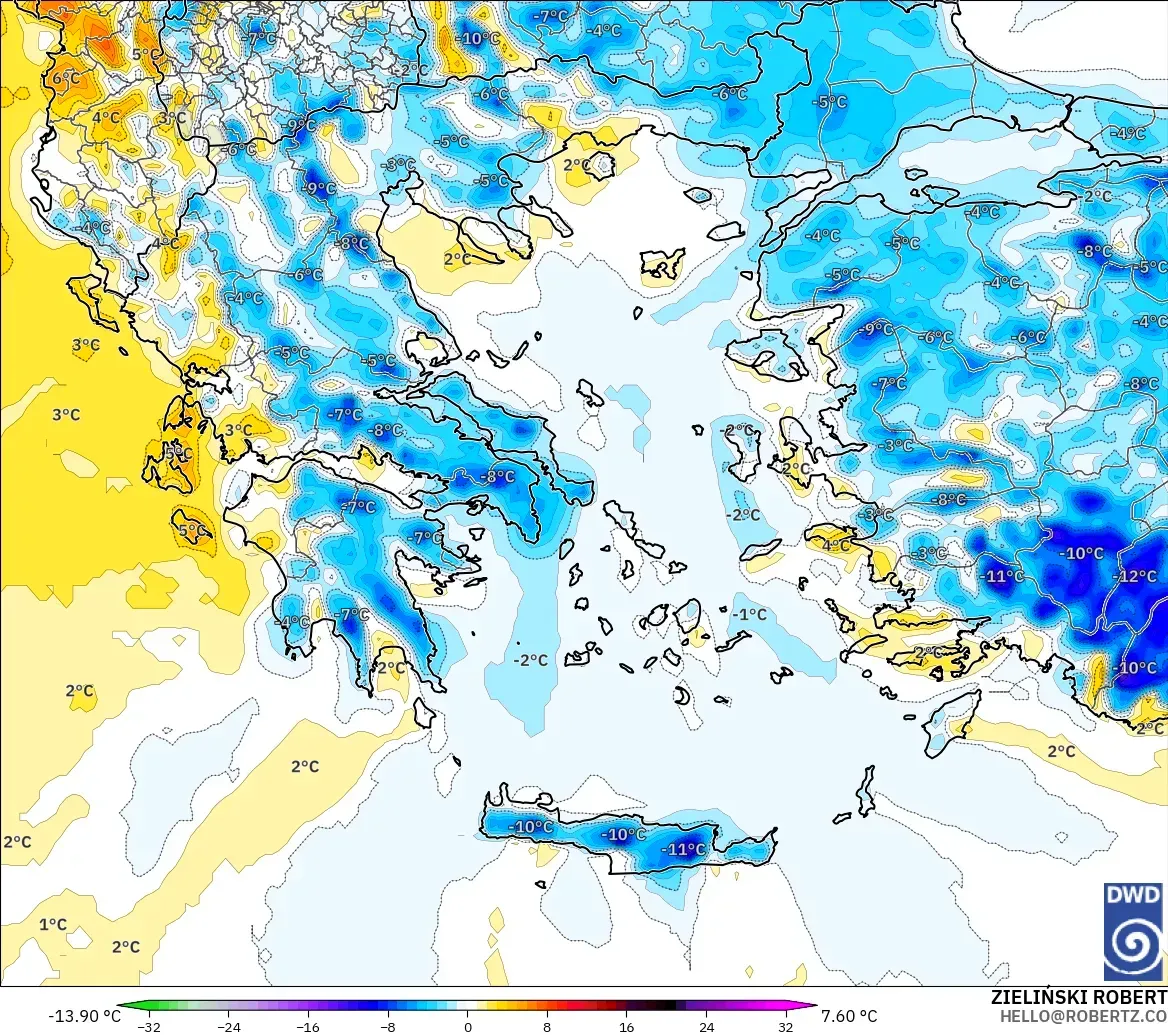 ICON modelo - Grecia, Anomalía de temperatura a 2 m