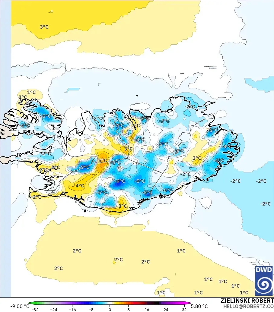 ICON modelo - Islandia, Anomalía de temperatura a 2 m