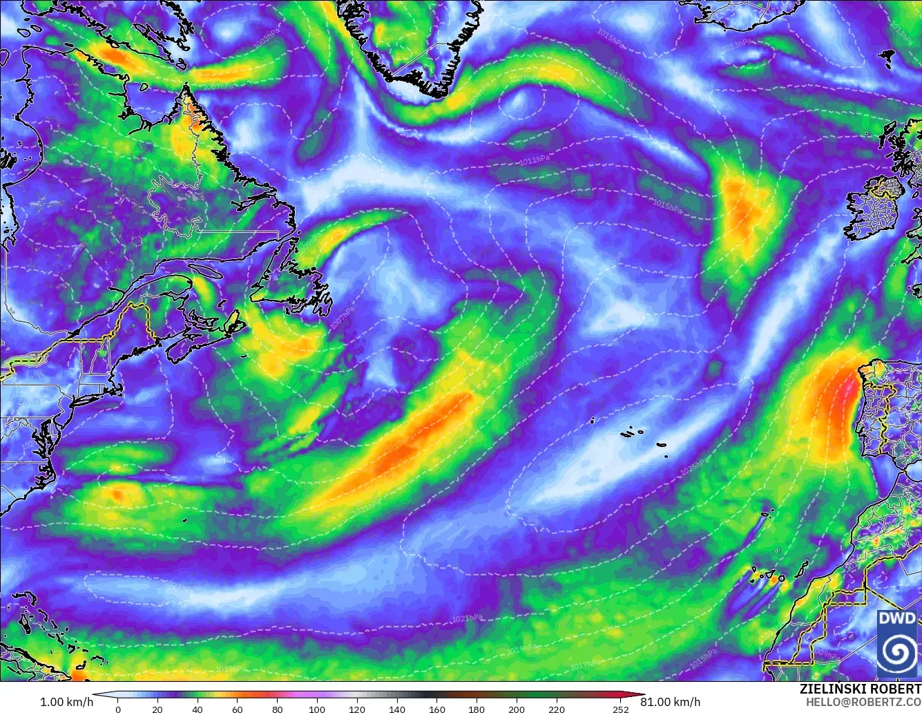 ICON modelo - Norte Atlántico, Ráfagas de Viento Máximas