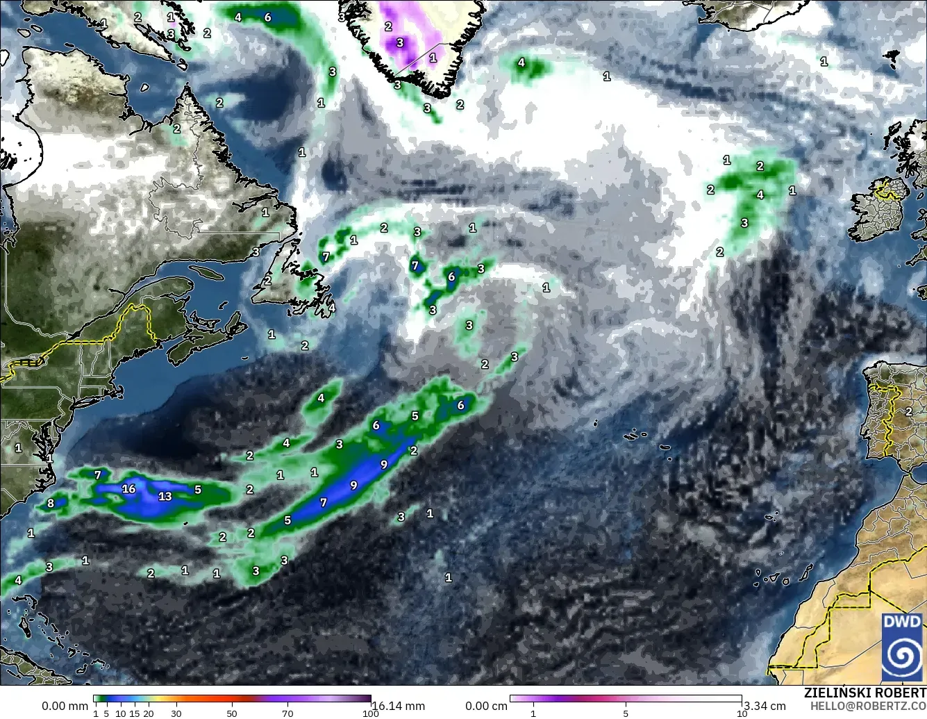 ICON modelo - Norte Atlántico, Precipitación, nubes y presión