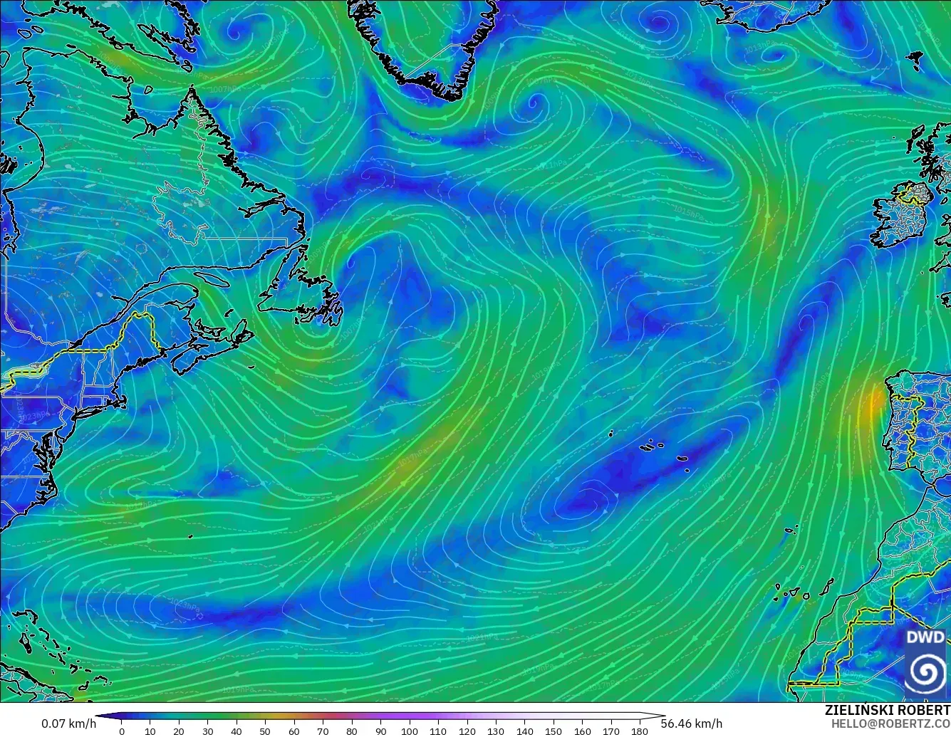 ICON modelo - Norte Atlántico, Viento a 10 m