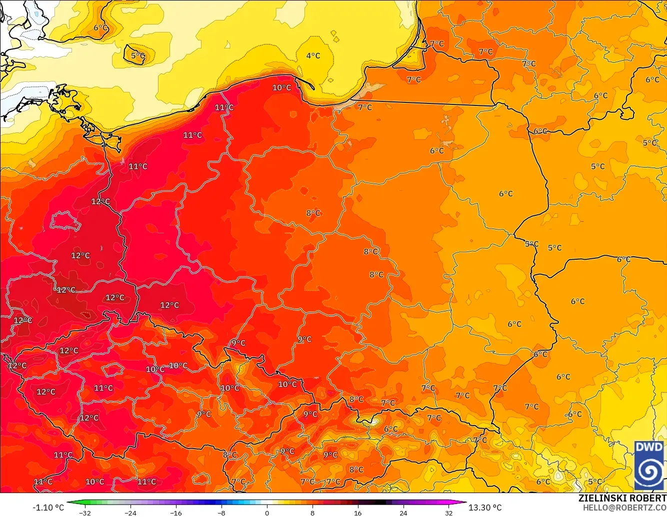 ICON modelo - Polonia, Anomalía de temperatura a 2 m