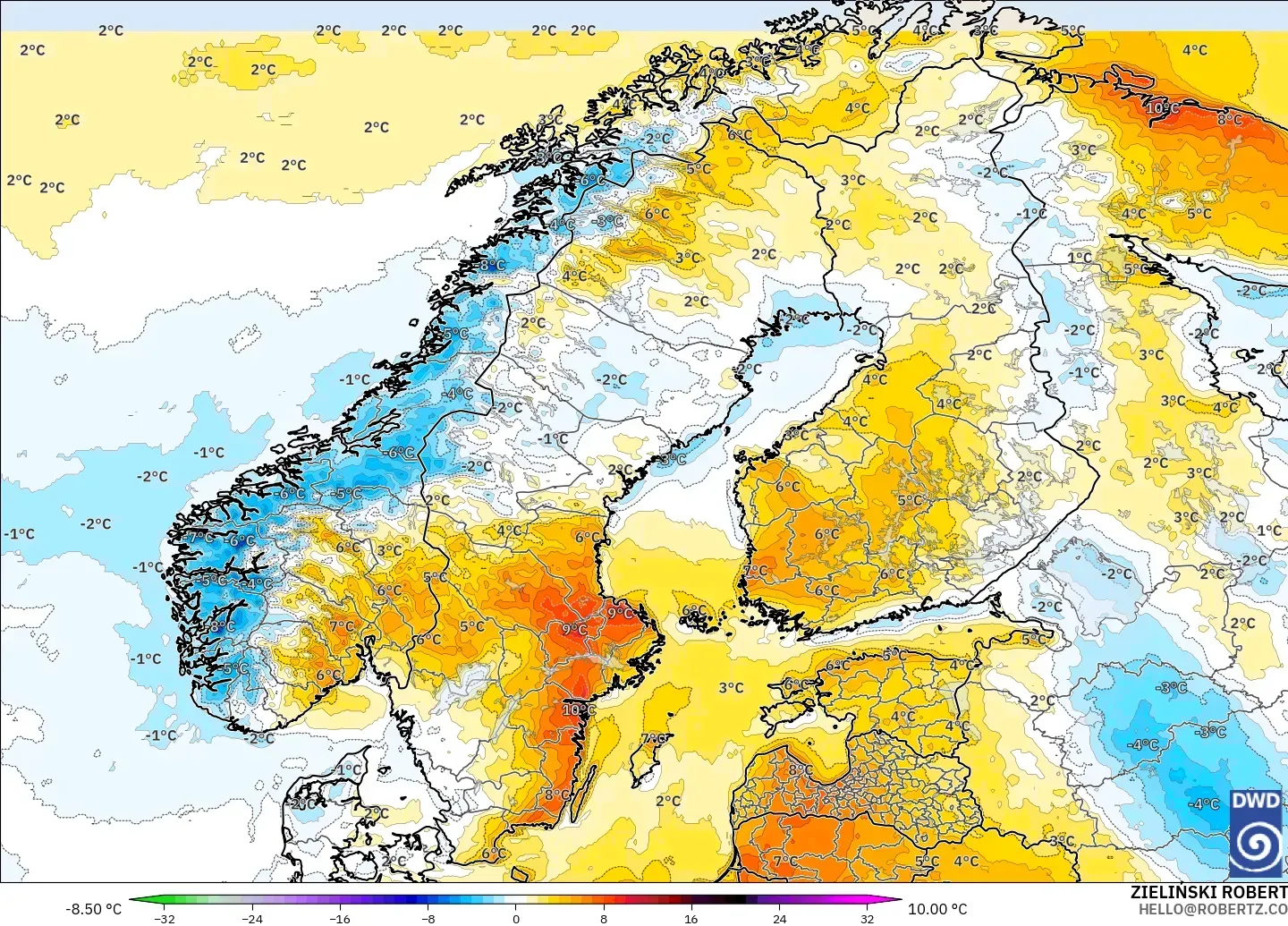 ICON modelo - Escandinavia, Anomalía de temperatura a 2 m