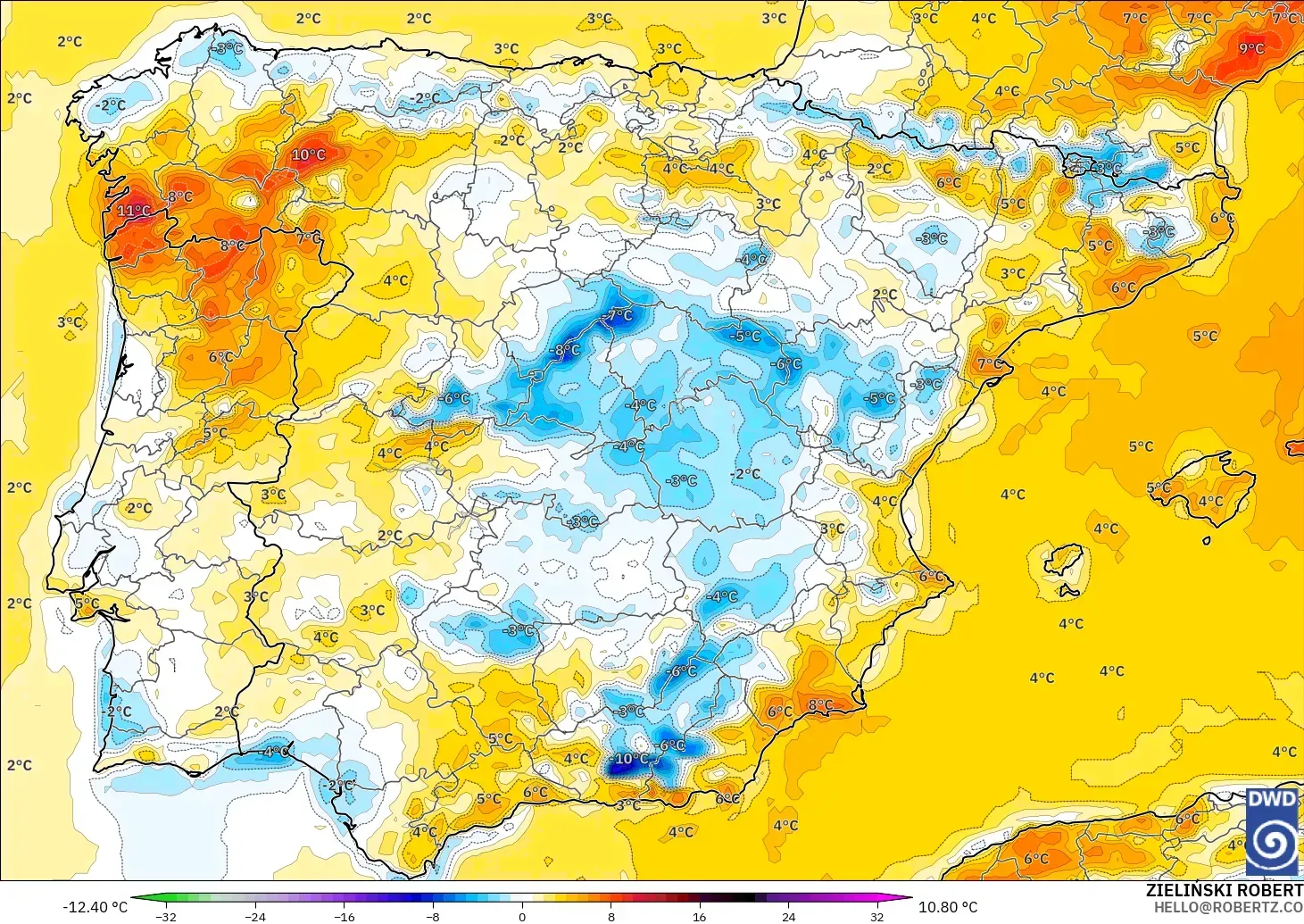 ICON modelo - España, Anomalía de temperatura a 2 m