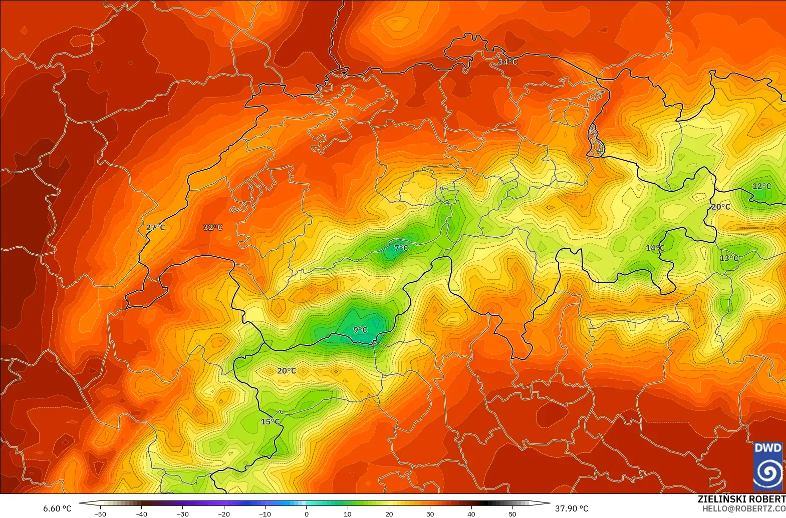 ICON modelo - Suiza, Temperatura a 2 m