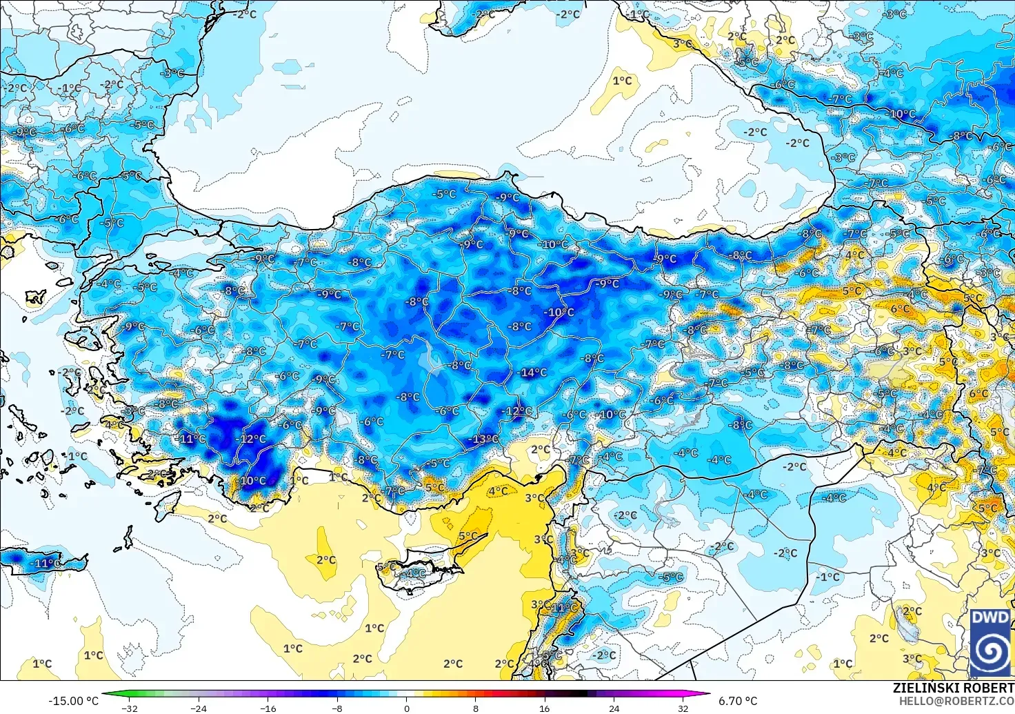 ICON modelo - Turquía, Anomalía de temperatura a 2 m
