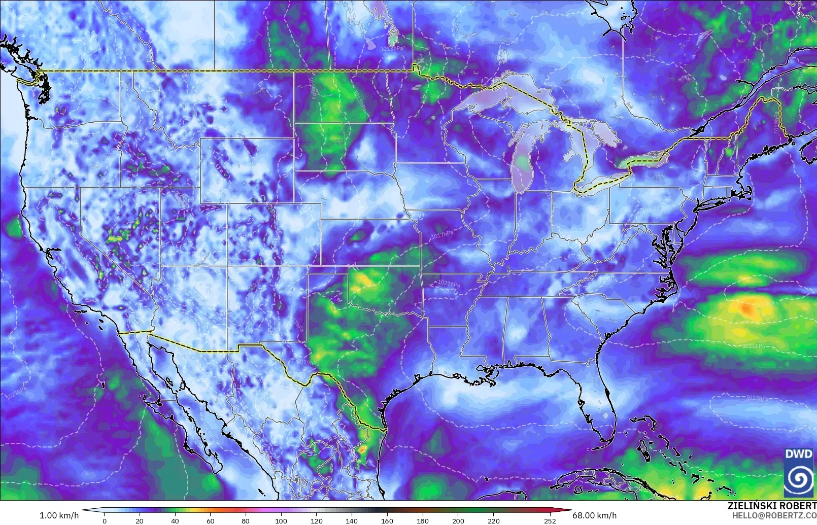 ICON modelo - Estados Unidos, Ráfagas de Viento Máximas