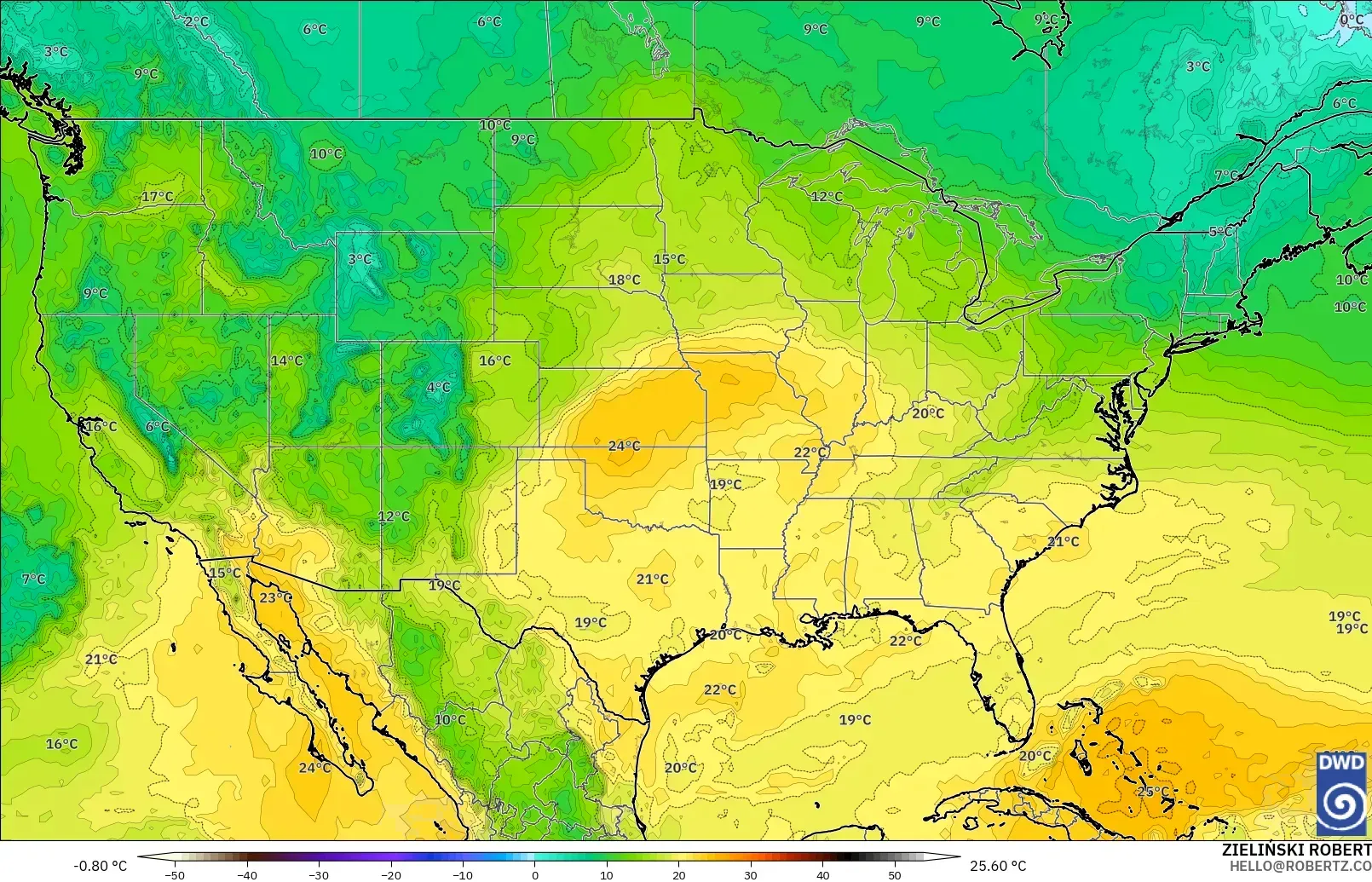 ICON modelo - Estados Unidos, Temperatura a 850 hPa