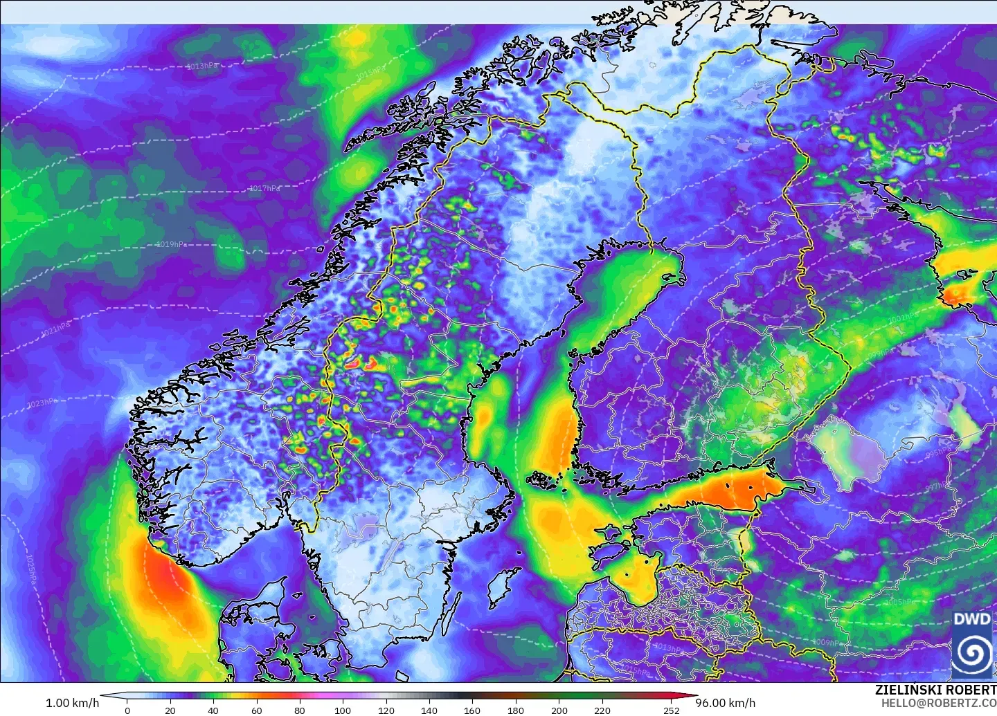 ICON modelo - Escandinavia, Ráfagas de Viento Máximas