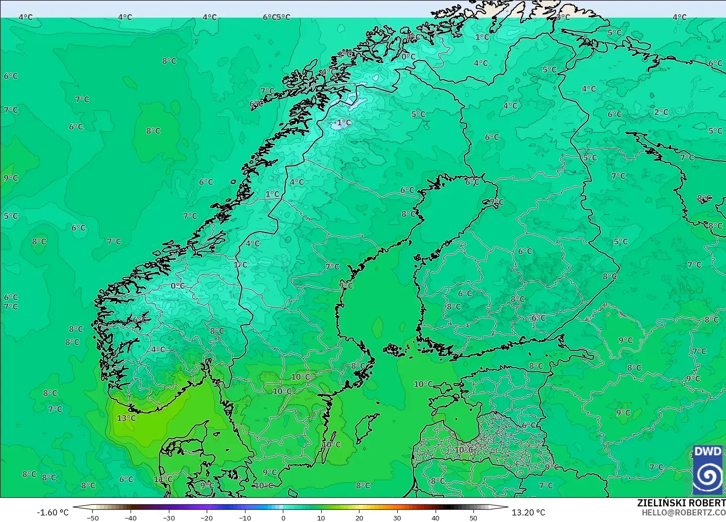 ICON modelo - Escandinavia, Temperatura a 850 hPa
