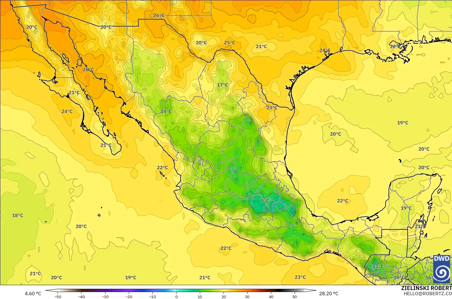 ICON modelo - México, Temperatura a 850 hPa