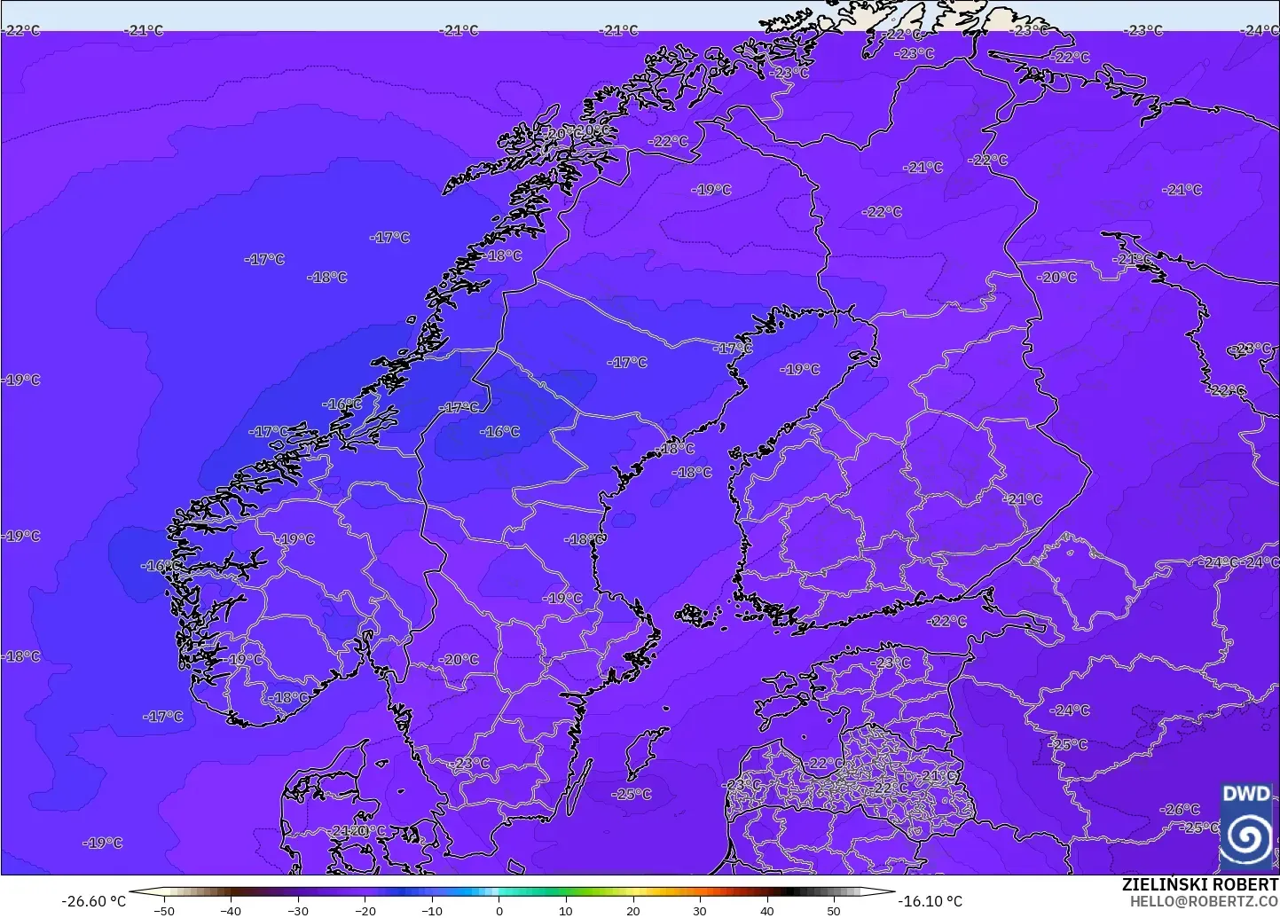 ICON modelo - Escandinavia, Temperatura a 500 hPa