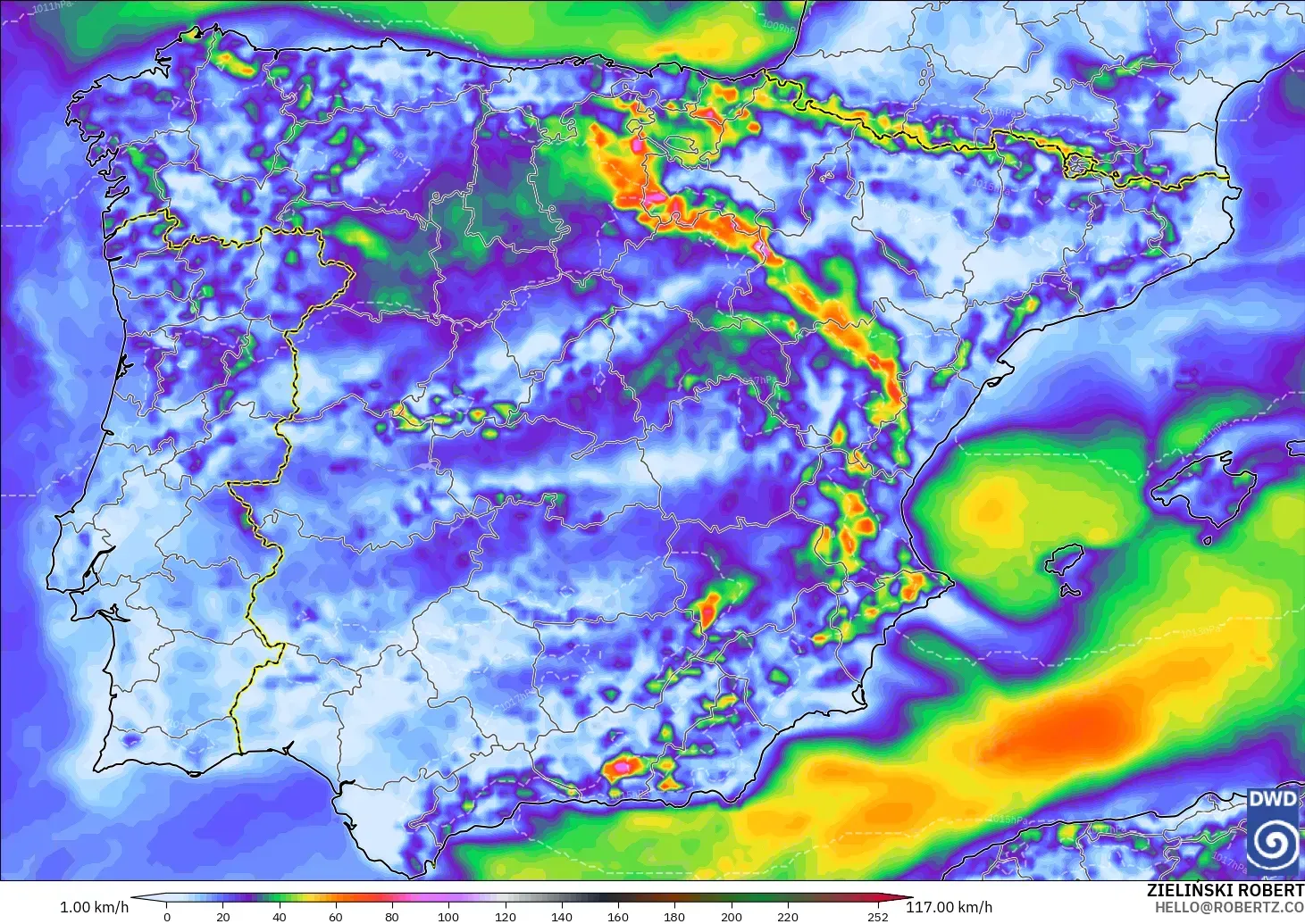 ICON modelo - España, Ráfagas de viento
