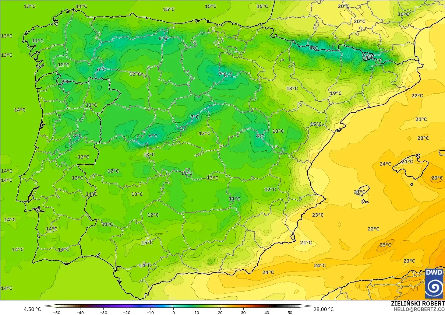 ICON modelo - España, Temperatura a 850 hPa