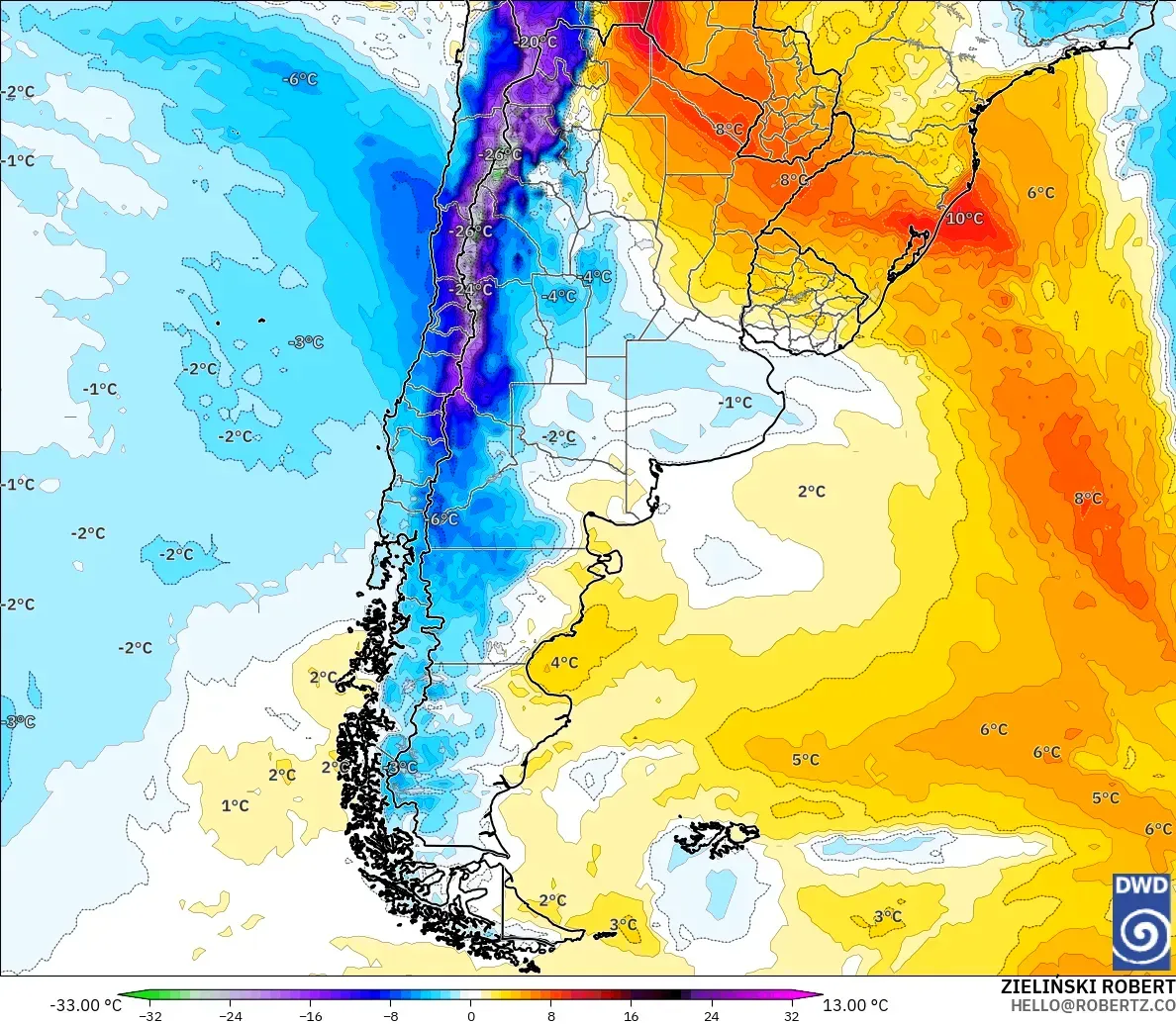ICON modelo - Argentina, Anomalía de temperatura a 850 hPa