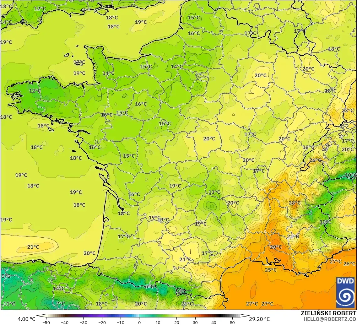ICON modelo - Francia, Temperatura a 2 m