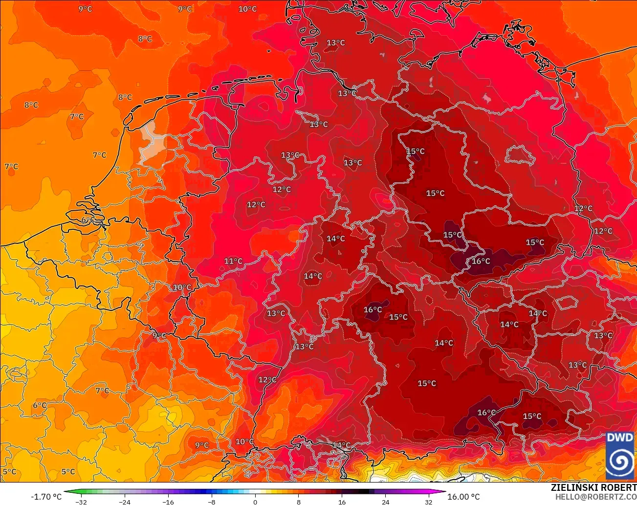 ICON modelo - Alemania, Anomalía de temperatura a 850 hPa