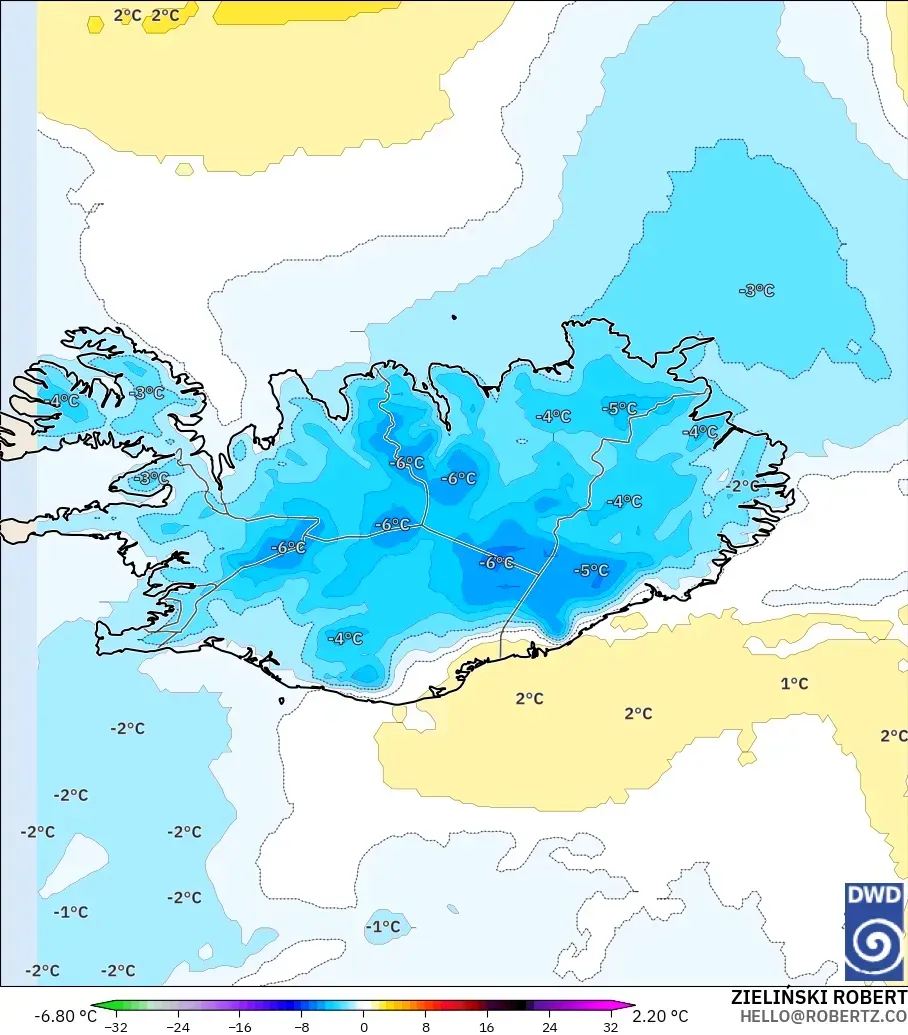ICON modelo - Islandia, Anomalía de temperatura a 850 hPa