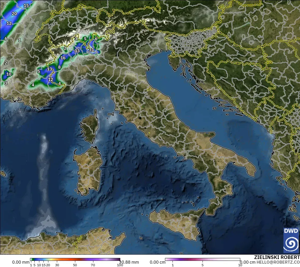 ICON modelo - Italia, Precipitación, nubes y presión